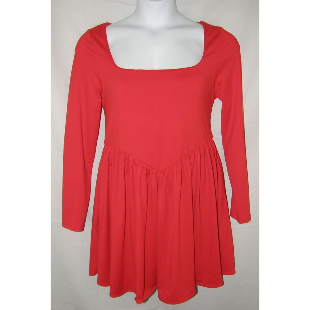 Bright Sz XL Stretchy Jersey Knit Scoop Neck Long Sleeve Mini Dress Side Pockets